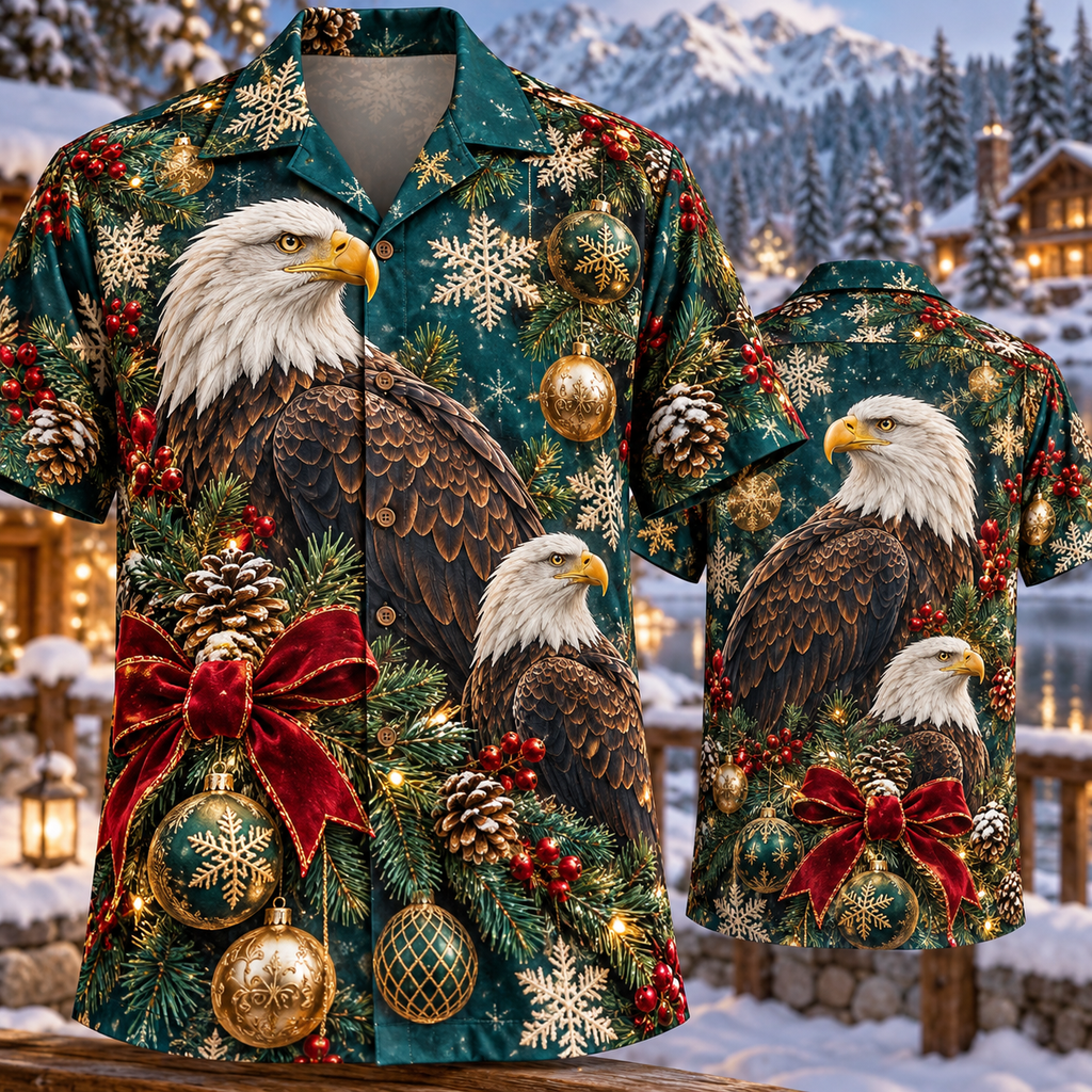 AlohaVero Christmas bald-eagles Hawaiian shirt, front and back views