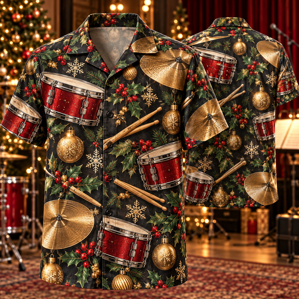 AlohaVero Christmas drums Hawaiian shirt, front and back views