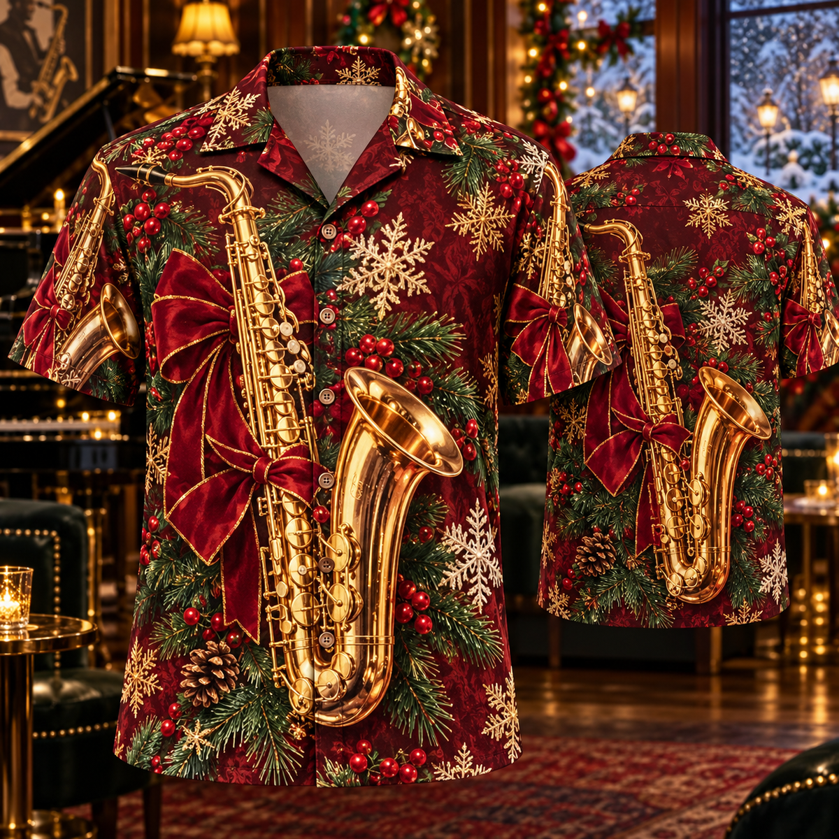 AlohaVero Christmas saxophones Hawaiian shirt, front and back views