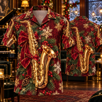 AlohaVero Christmas saxophones Hawaiian shirt, front and back views