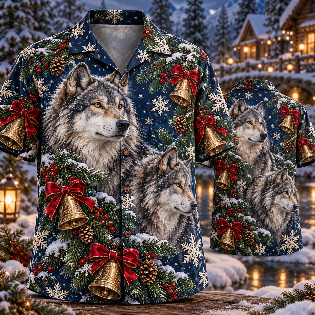 AlohaVero Christmas wolves Hawaiian shirt, front and back views