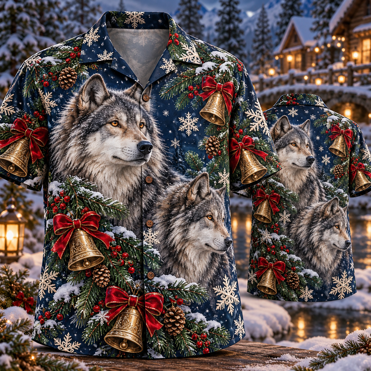 AlohaVero Christmas wolves Hawaiian shirt, front and back views