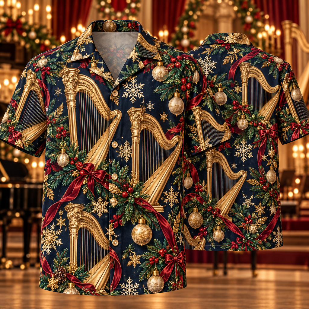AlohaVero Christmas harps Hawaiian shirt, front and back views