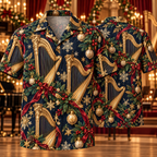 AlohaVero Christmas harps Hawaiian shirt, front and back views