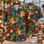 AlohaVero Christmas bird of paradise flowers Hawaiian shirt, front and back views