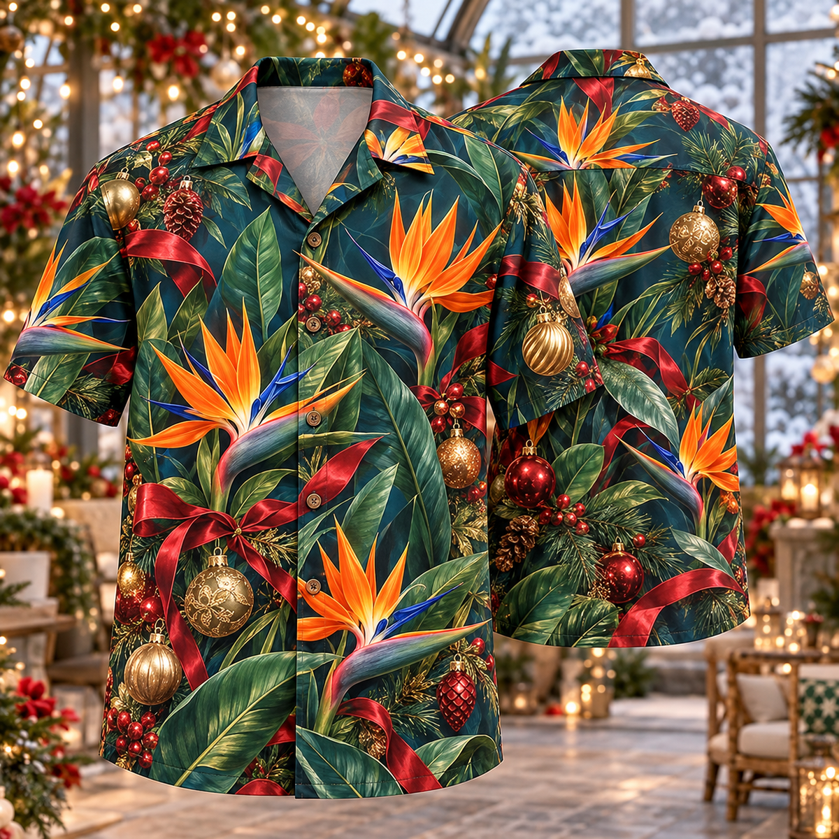 AlohaVero Christmas bird of paradise flowers Hawaiian shirt, front and back views