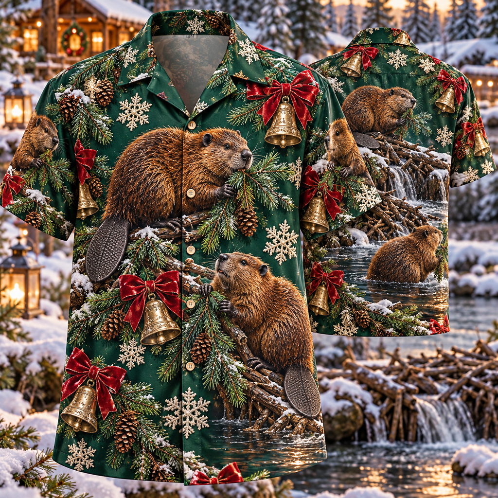 AlohaVero Christmas beavers Hawaiian shirt, front and back views
