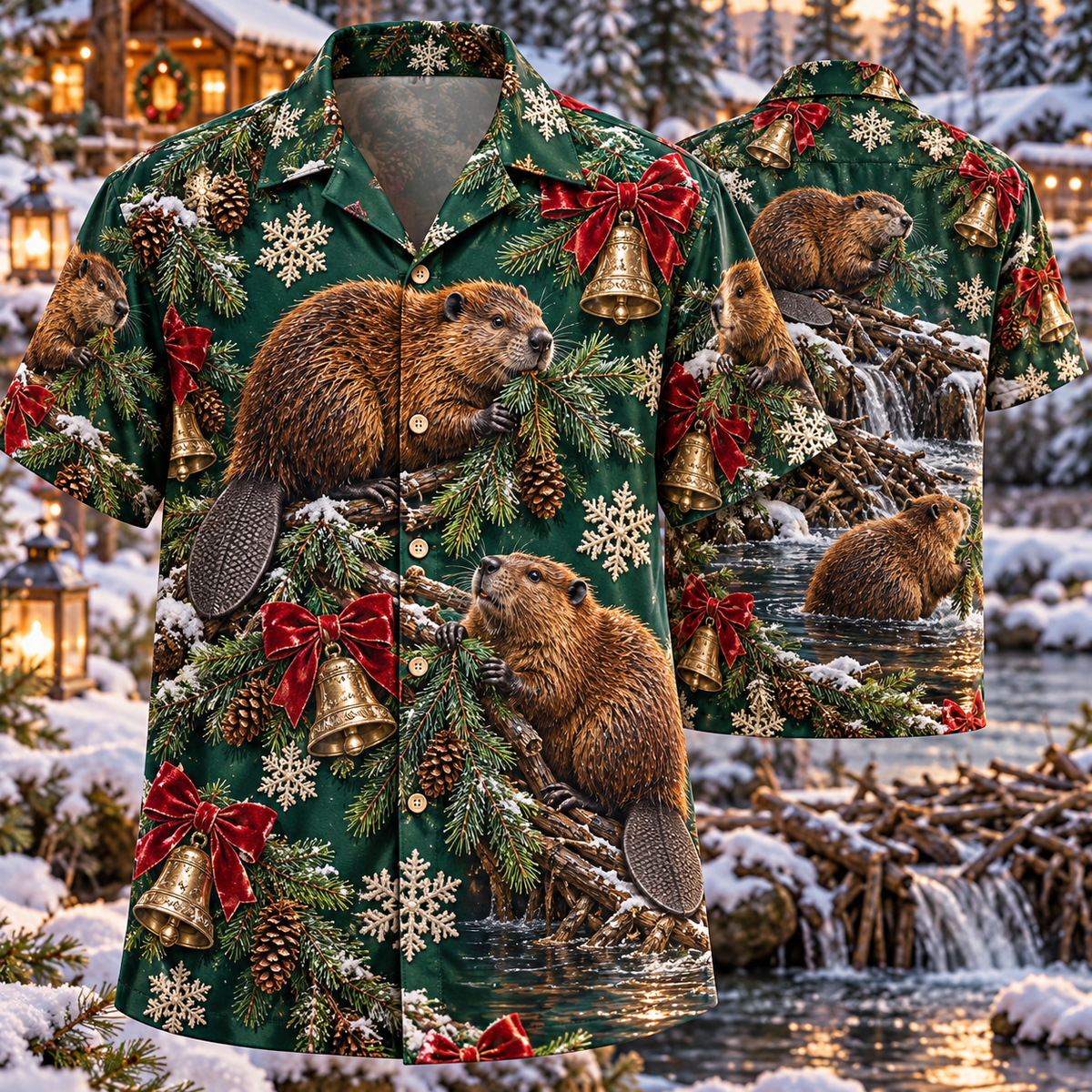 AlohaVero Christmas beavers Hawaiian shirt, front and back views