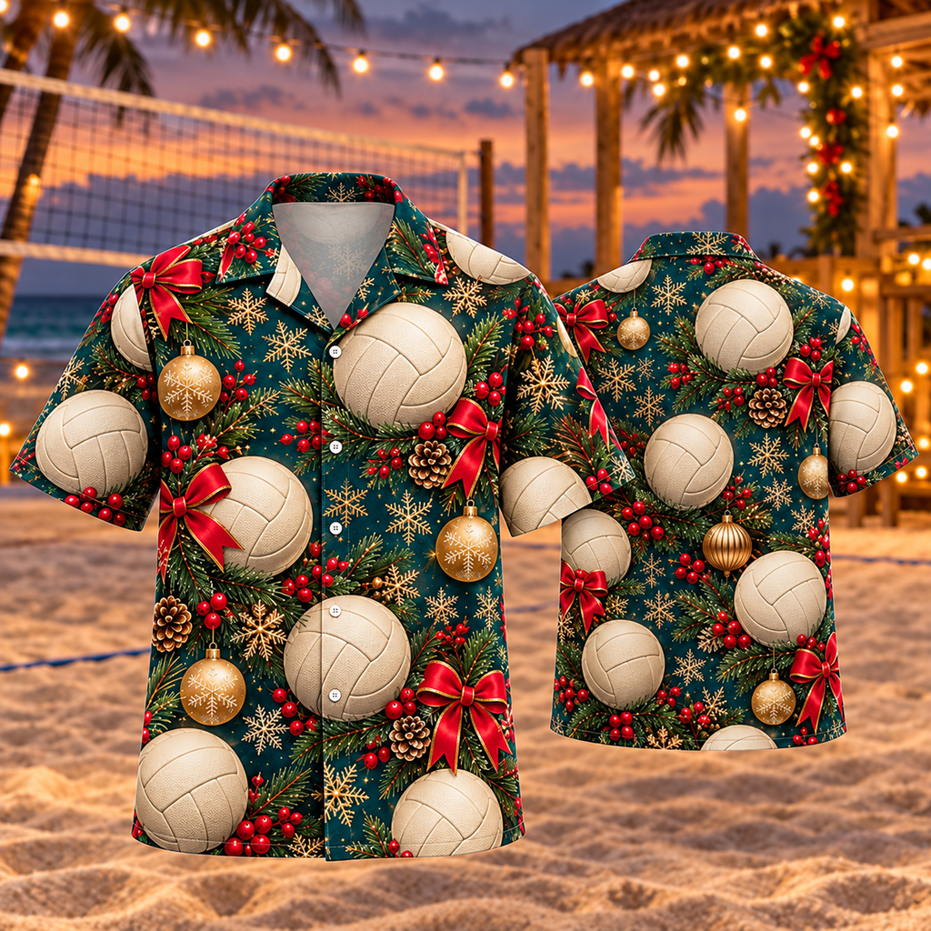 AlohaVero Christmas volleyball Hawaiian shirt, front and back views