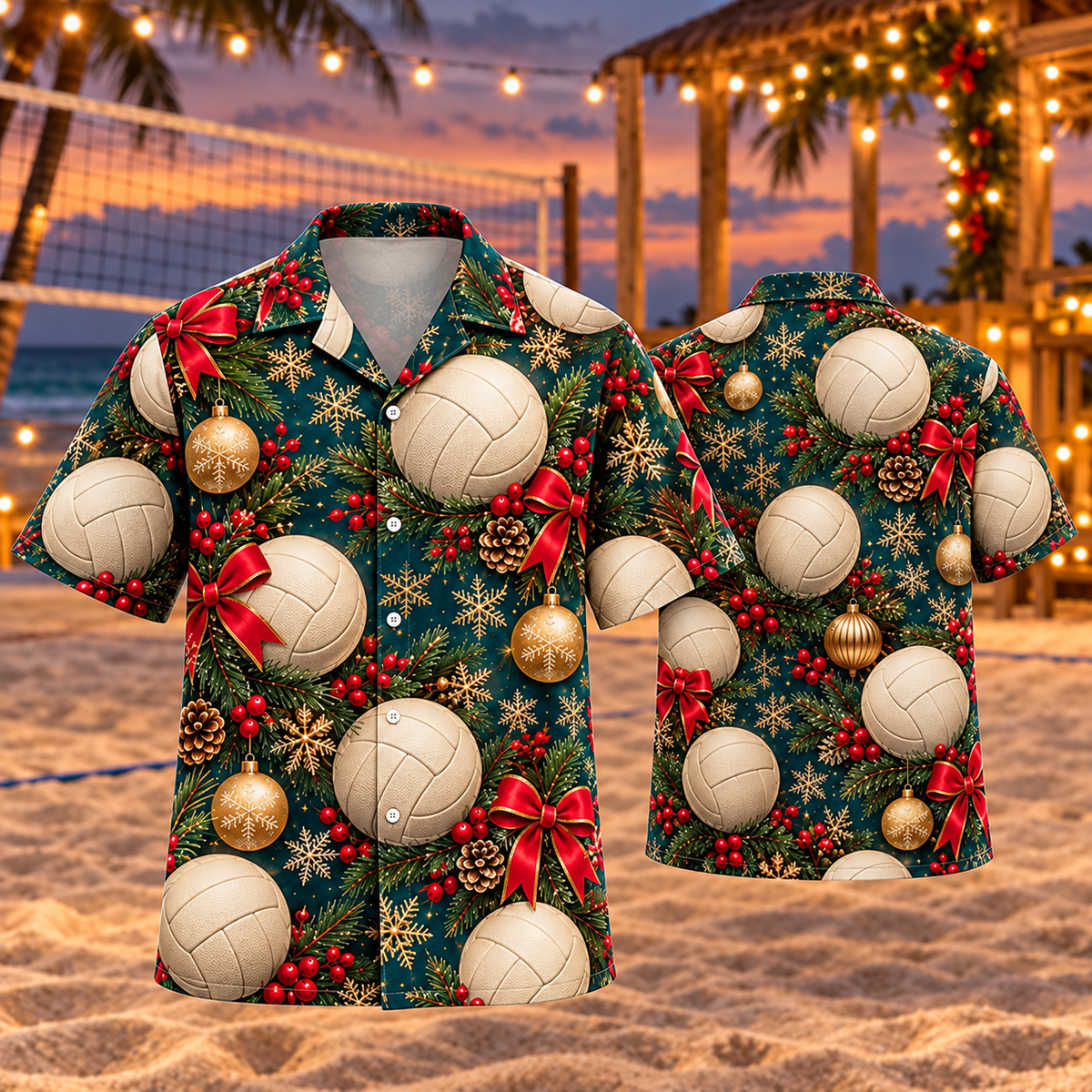 AlohaVero Christmas volleyball Hawaiian shirt, front and back views