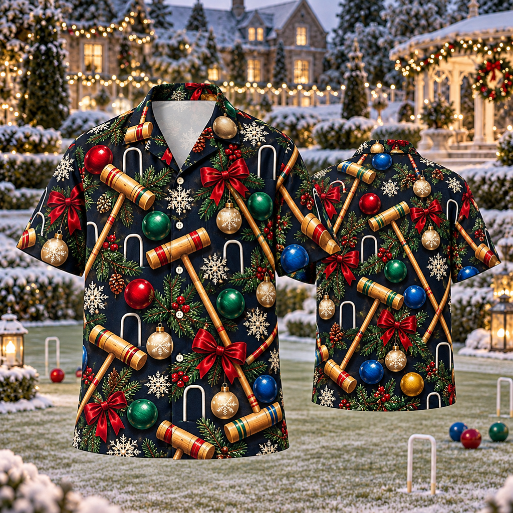 AlohaVero Christmas croquet Hawaiian shirt, front and back views