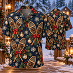 AlohaVero Christmas snowshoes Hawaiian shirt, front and back views