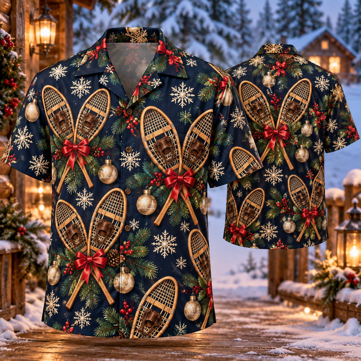 AlohaVero Christmas snowshoes Hawaiian shirt, front and back views