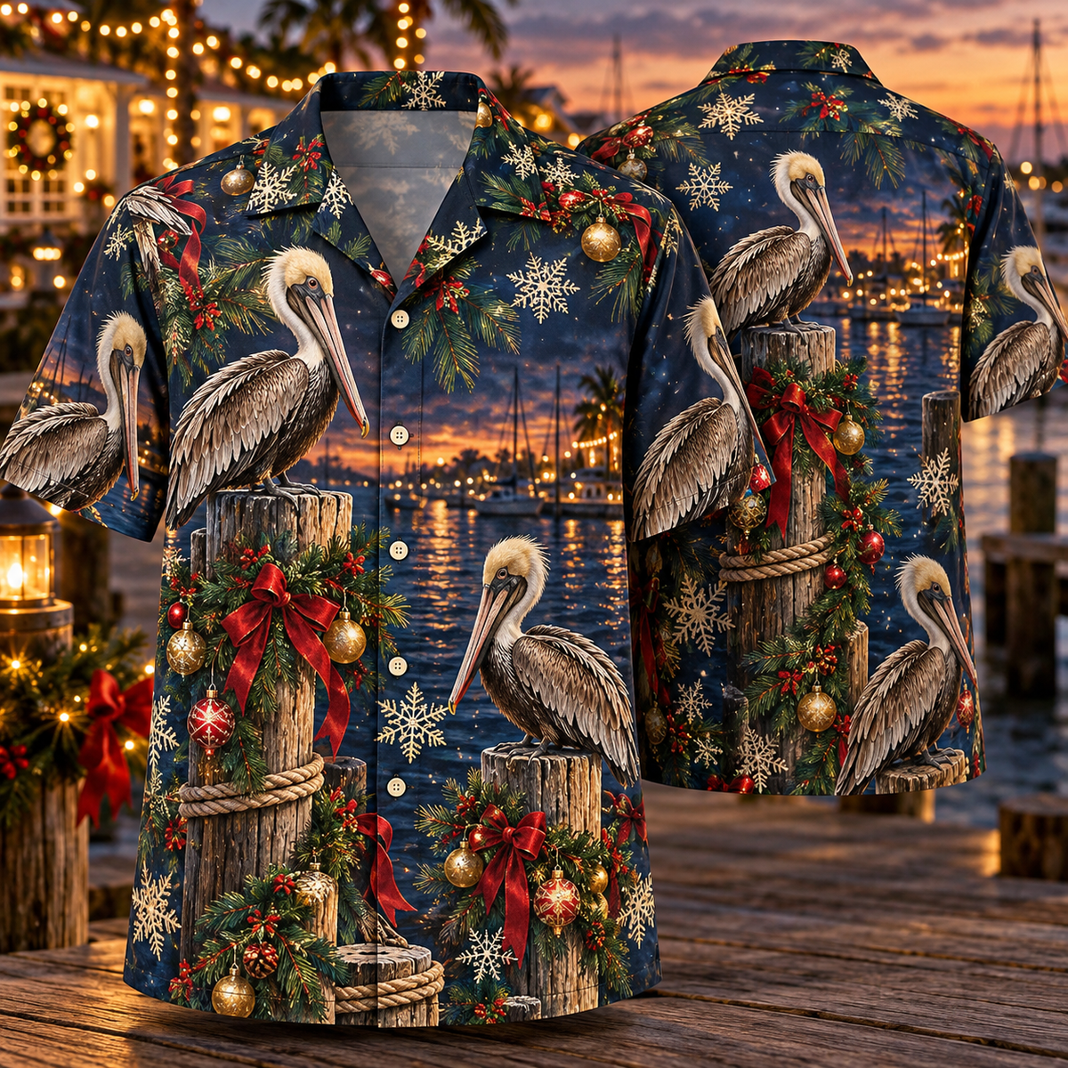 AlohaVero Christmas pelicans Hawaiian shirt, front and back views