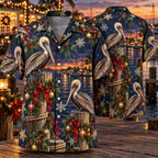 AlohaVero Christmas pelicans Hawaiian shirt, front and back views