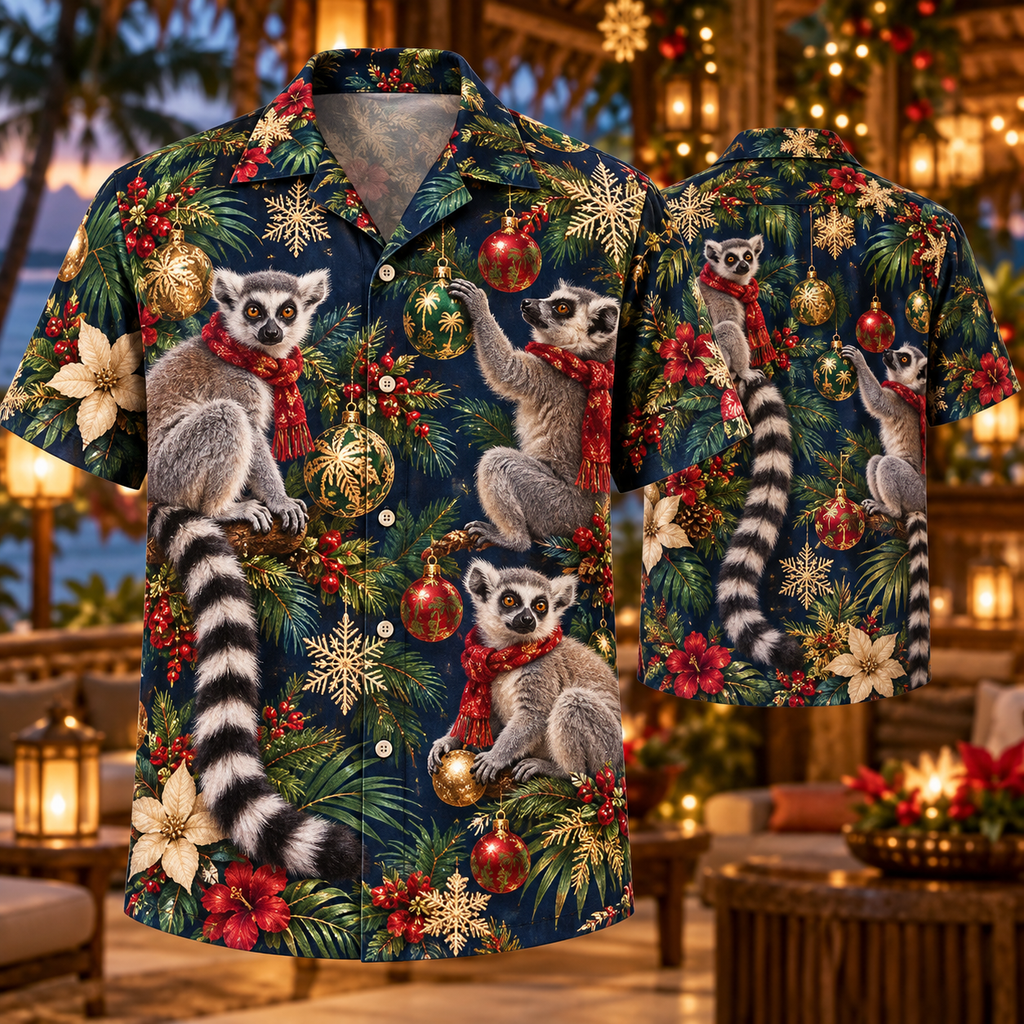 AlohaVero Christmas lemurs Hawaiian shirt, front and back views