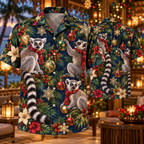 AlohaVero Christmas lemurs Hawaiian shirt, front and back views
