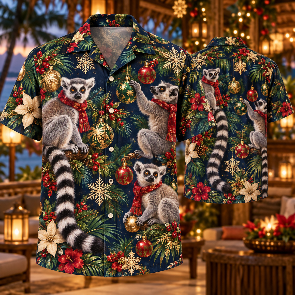 AlohaVero Christmas lemurs Hawaiian shirt, front and back views