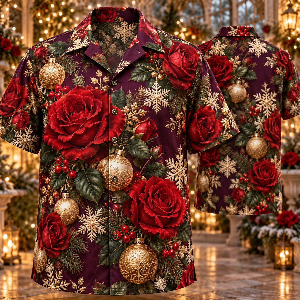 AlohaVero Christmas roses Hawaiian shirt, front and back views