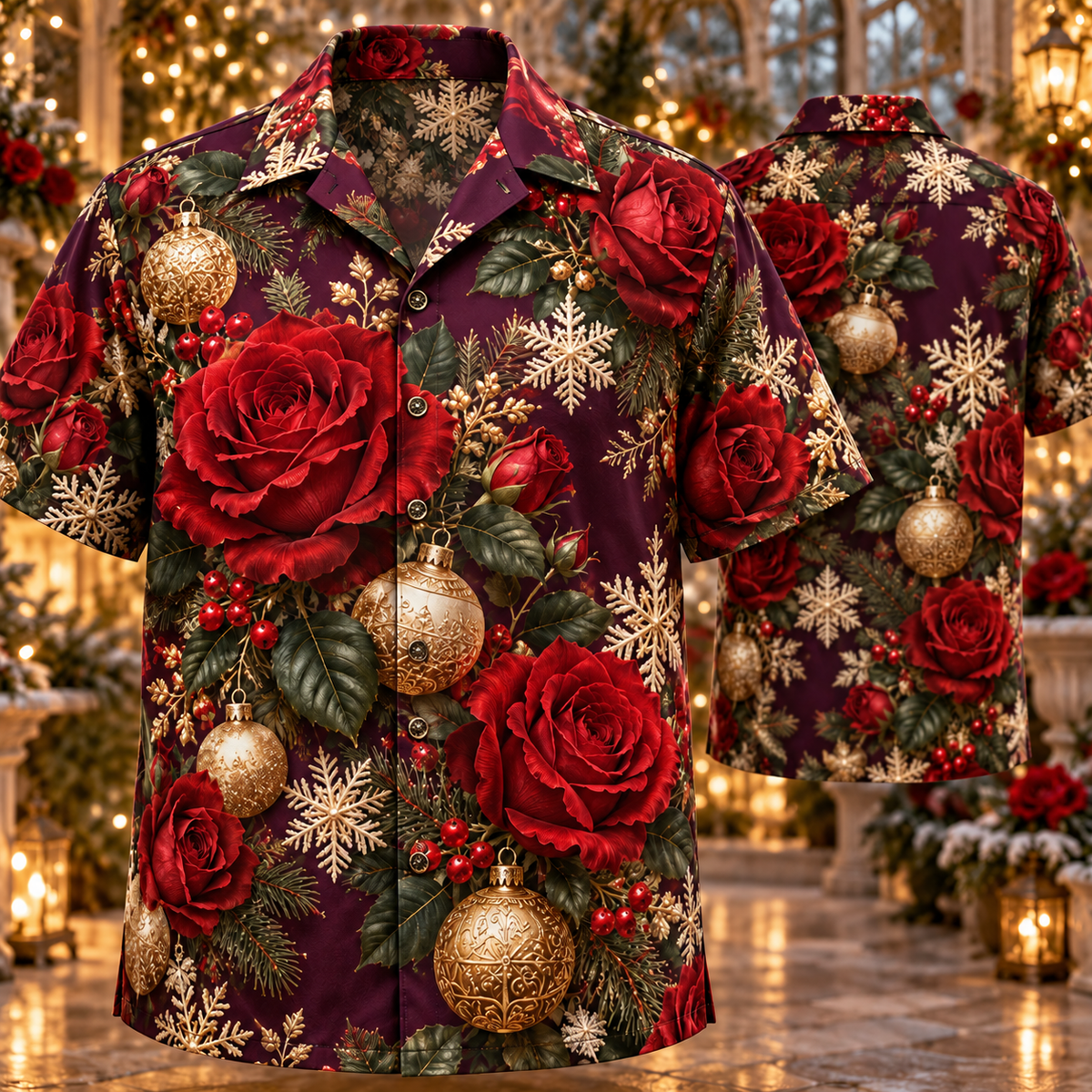AlohaVero Christmas roses Hawaiian shirt, front and back views
