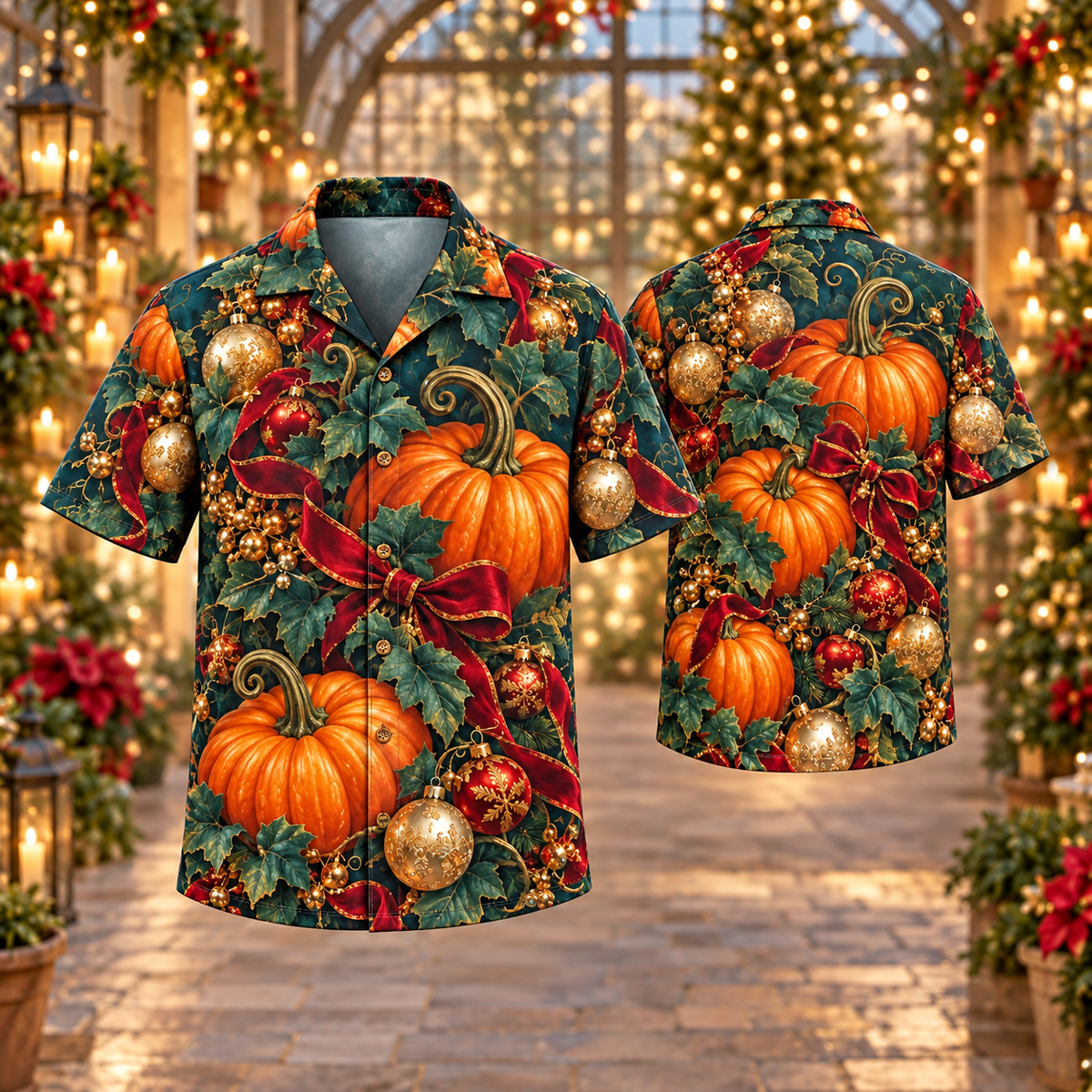 AlohaVero Christmas pumpkins Hawaiian shirt, front and back views
