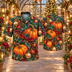 AlohaVero Christmas pumpkins Hawaiian shirt, front and back views