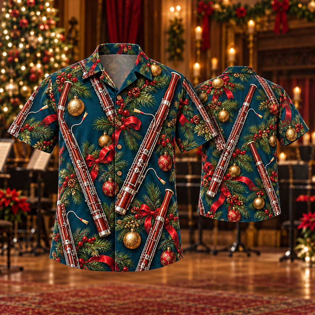 AlohaVero Christmas bassoons Hawaiian shirt, front and back views
