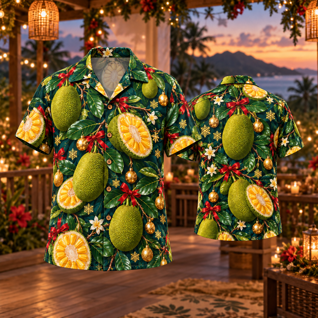 AlohaVero Christmas jackfruit Hawaiian shirt, front and back views