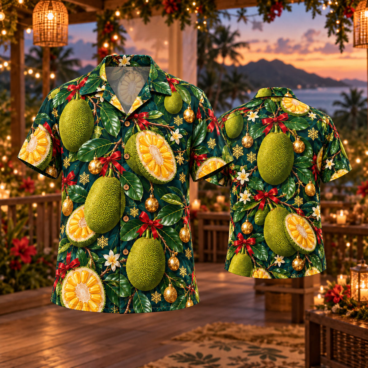 AlohaVero Christmas jackfruit Hawaiian shirt, front and back views