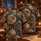 AlohaVero Christmas astrolabes Hawaiian shirt, front and back views