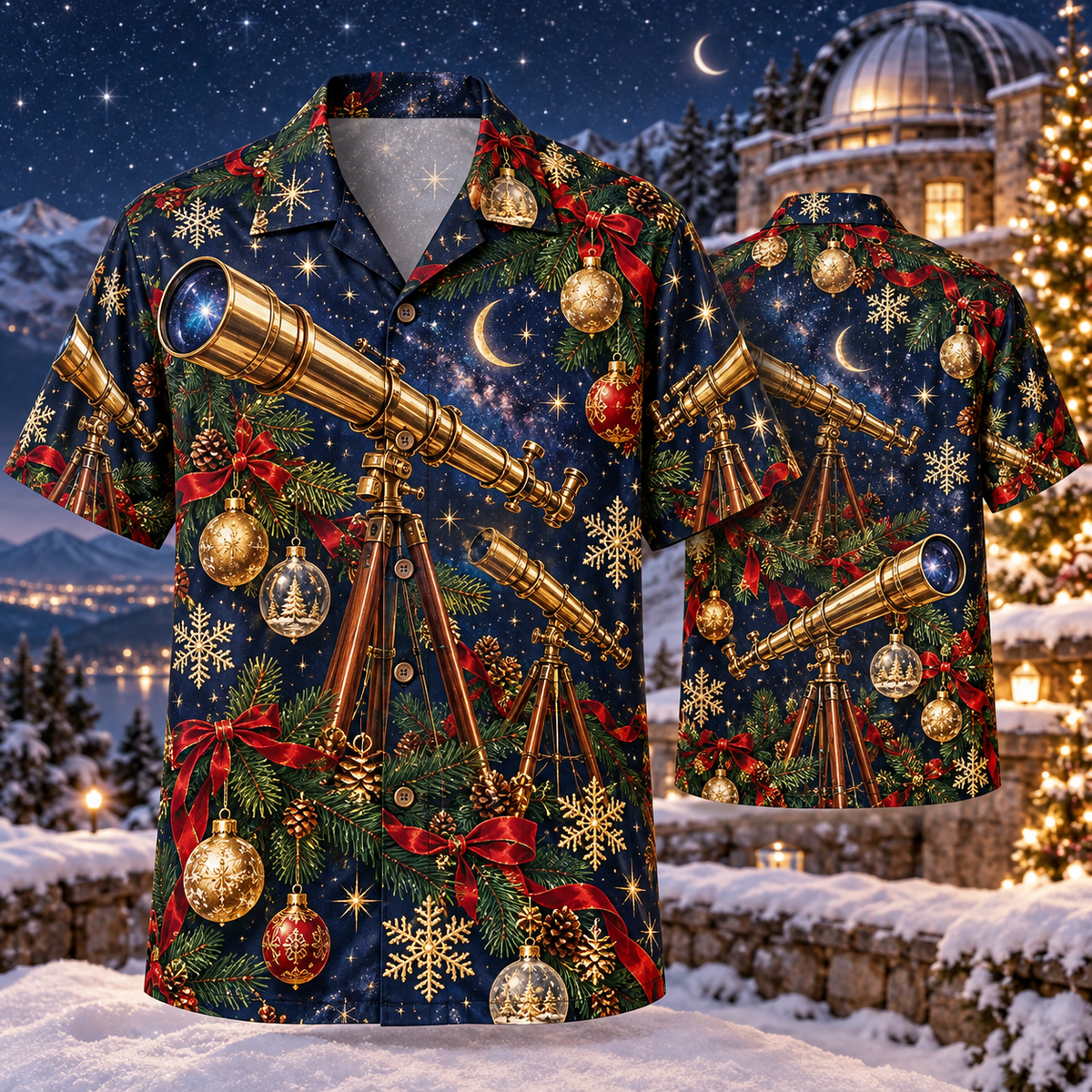 AlohaVero Christmas telescopes Hawaiian shirt, front and back views