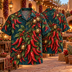 AlohaVero Christmas chili peppers Hawaiian shirt, front and back views