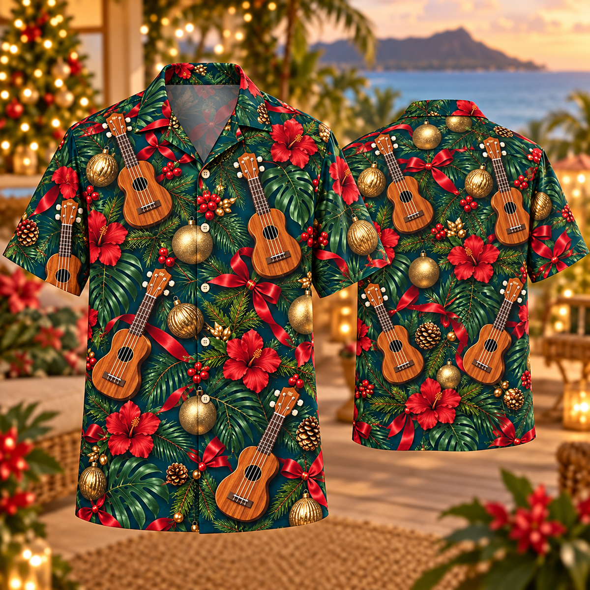 AlohaVero Christmas ukuleles Hawaiian shirt, front and back views