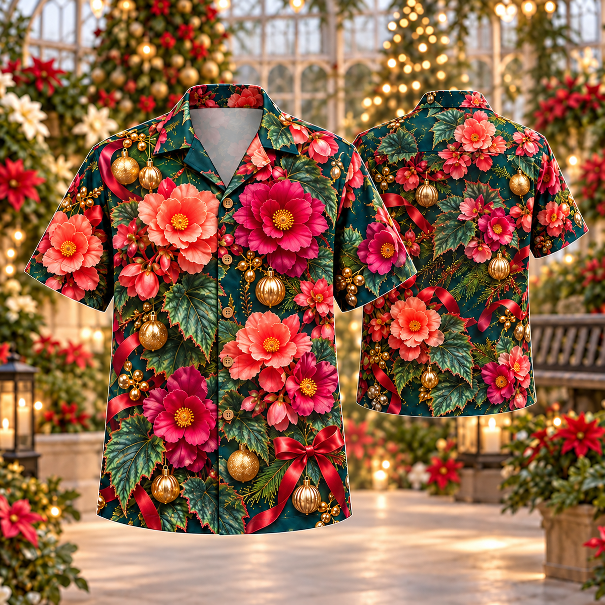 AlohaVero Christmas begonias Hawaiian shirt, front and back views