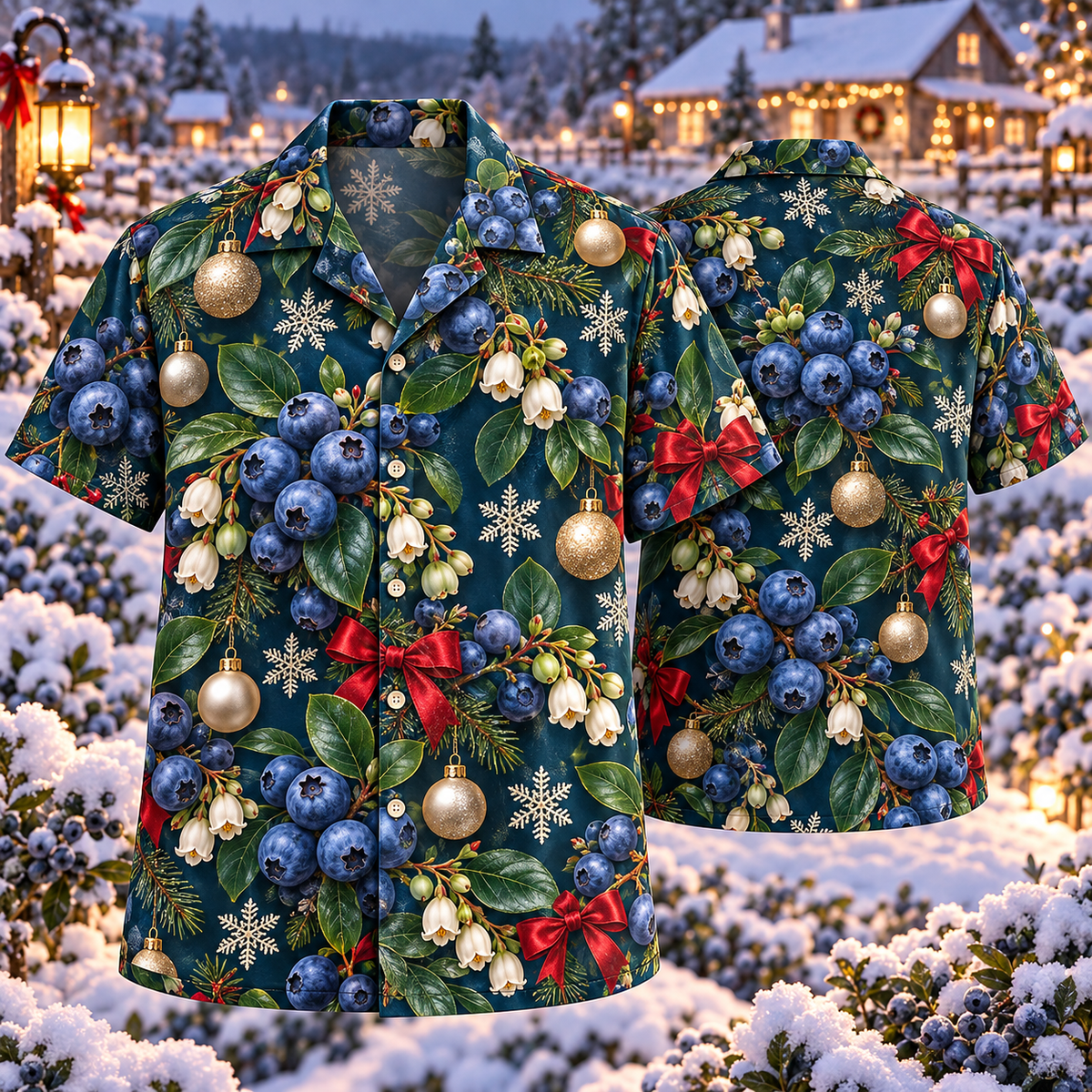 AlohaVero Christmas blueberries Hawaiian shirt, front and back views