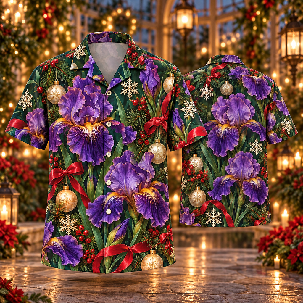 AlohaVero Christmas irises Hawaiian shirt, front and back views