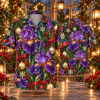 AlohaVero Christmas irises Hawaiian shirt, front and back views