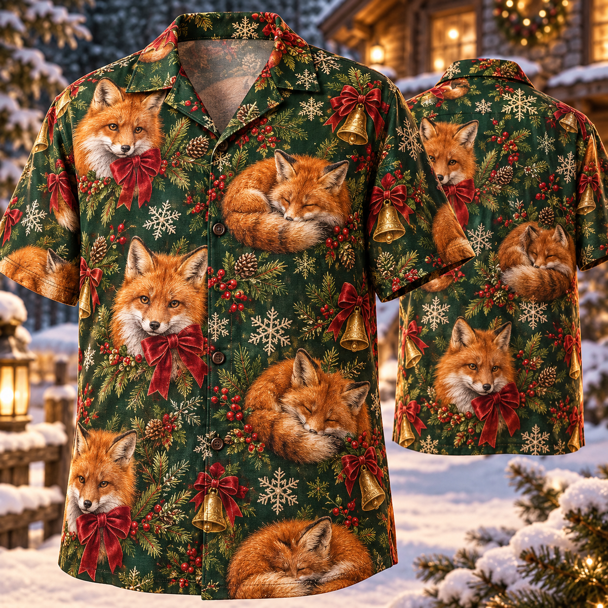 AlohaVero Christmas foxes Hawaiian shirt, front and back views