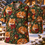 AlohaVero Christmas foxes Hawaiian shirt, front and back views