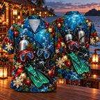 AlohaVero Christmas scuba diving Hawaiian shirt, front and back views