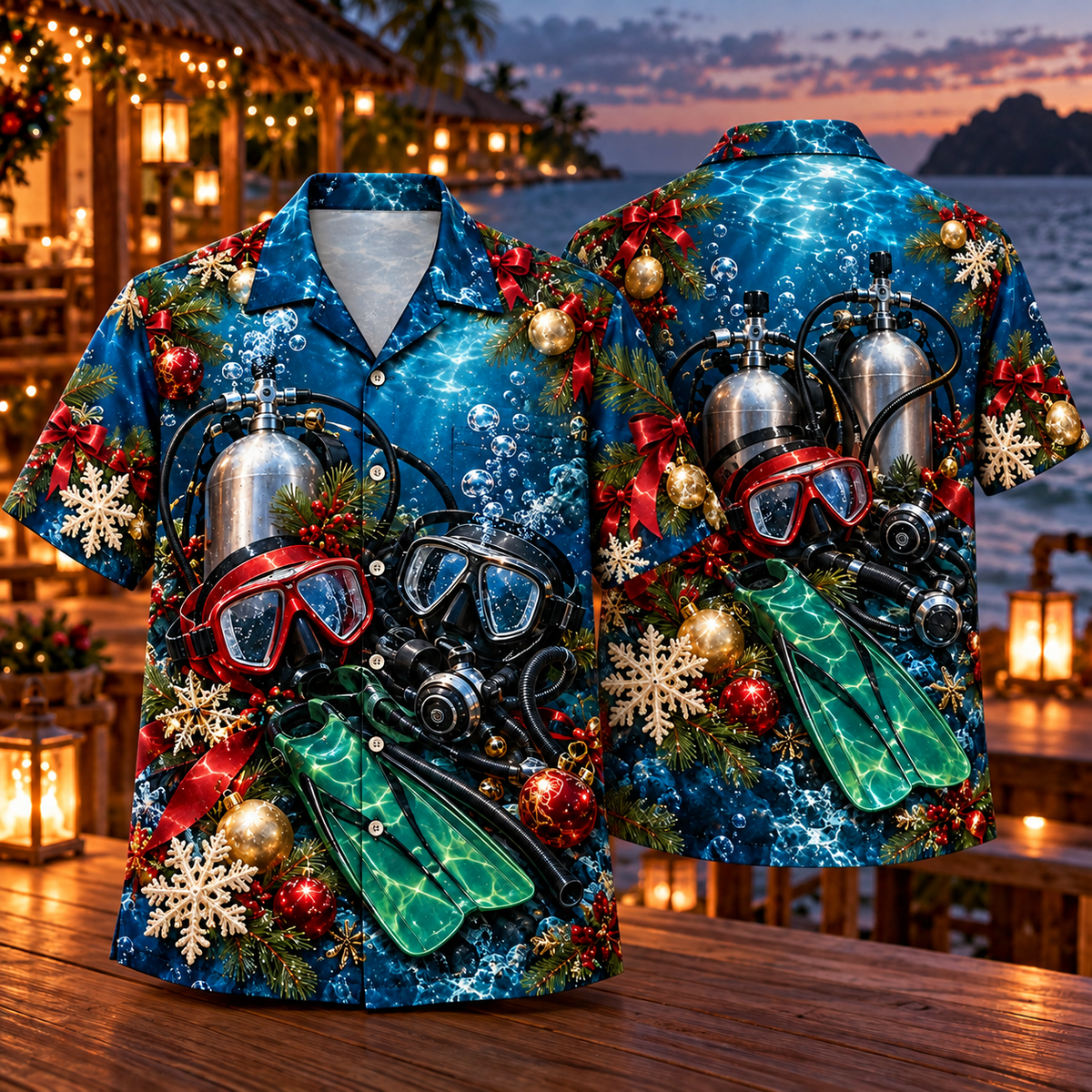AlohaVero Christmas scuba diving Hawaiian shirt, front and back views