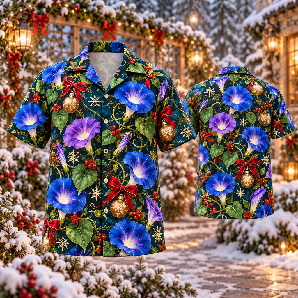 AlohaVero Christmas morning-glories Hawaiian shirt, front and back views