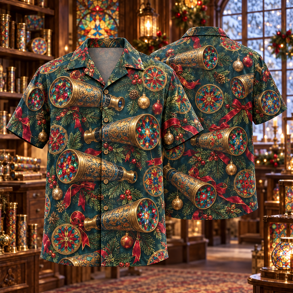 AlohaVero Christmas kaleidoscopes Hawaiian shirt, front and back views