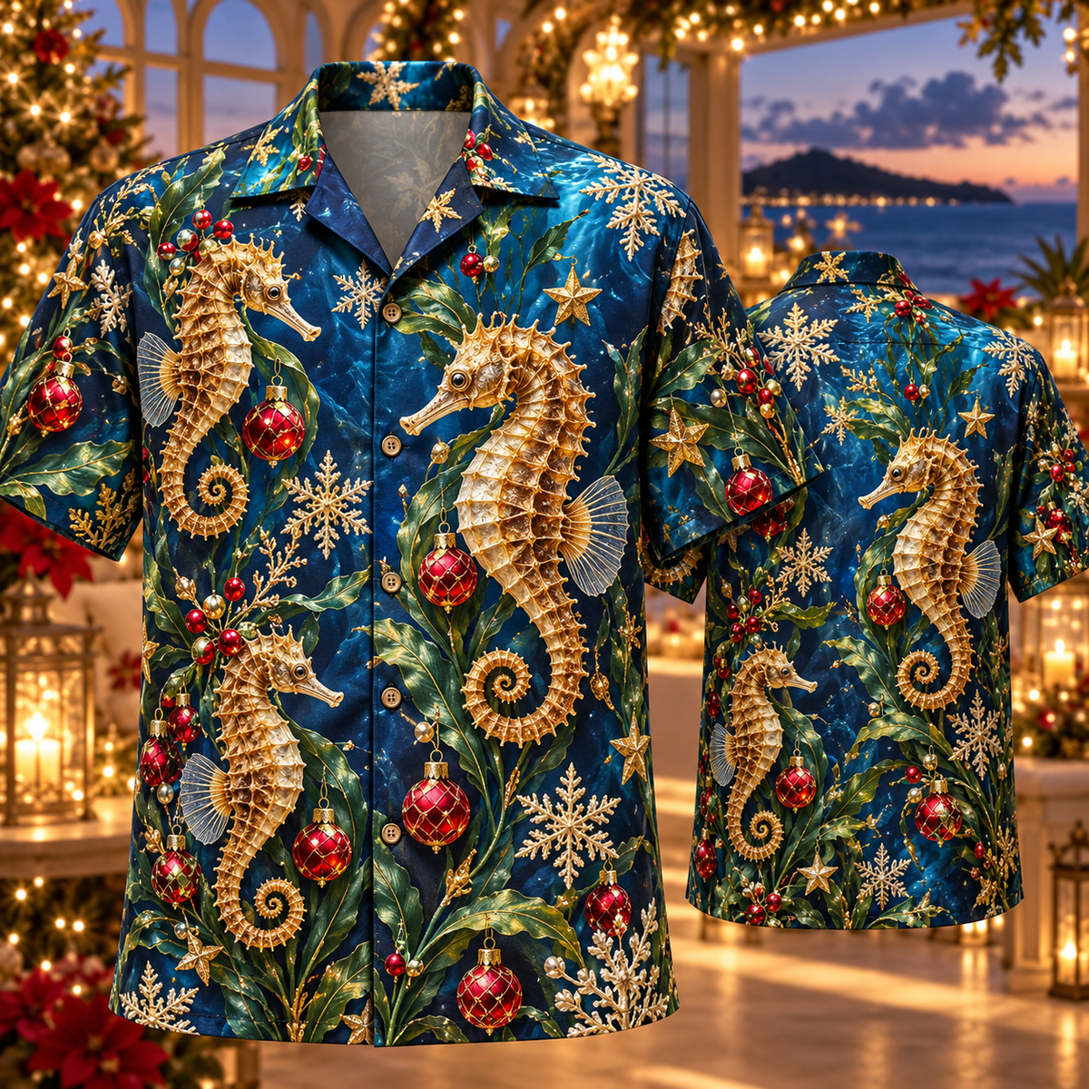 AlohaVero Christmas seahorses Hawaiian shirt, front and back views