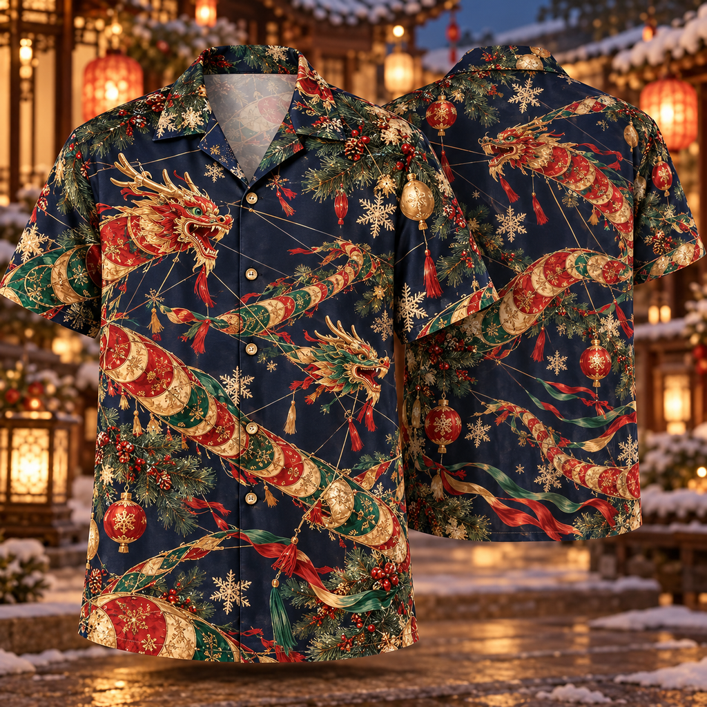 AlohaVero Christmas dragon kites Hawaiian shirt, front and back views