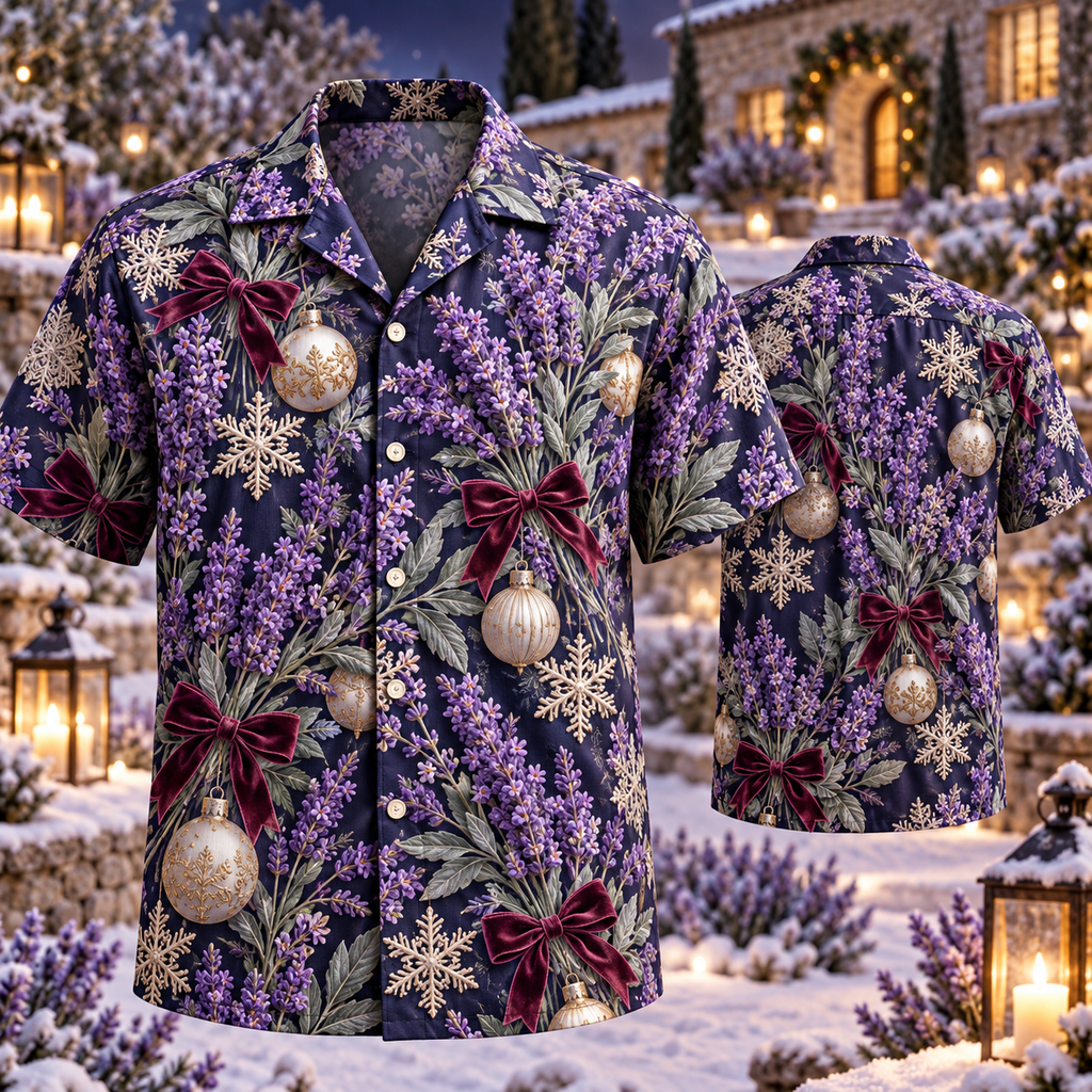 AlohaVero Christmas lavender Hawaiian shirt, front and back views