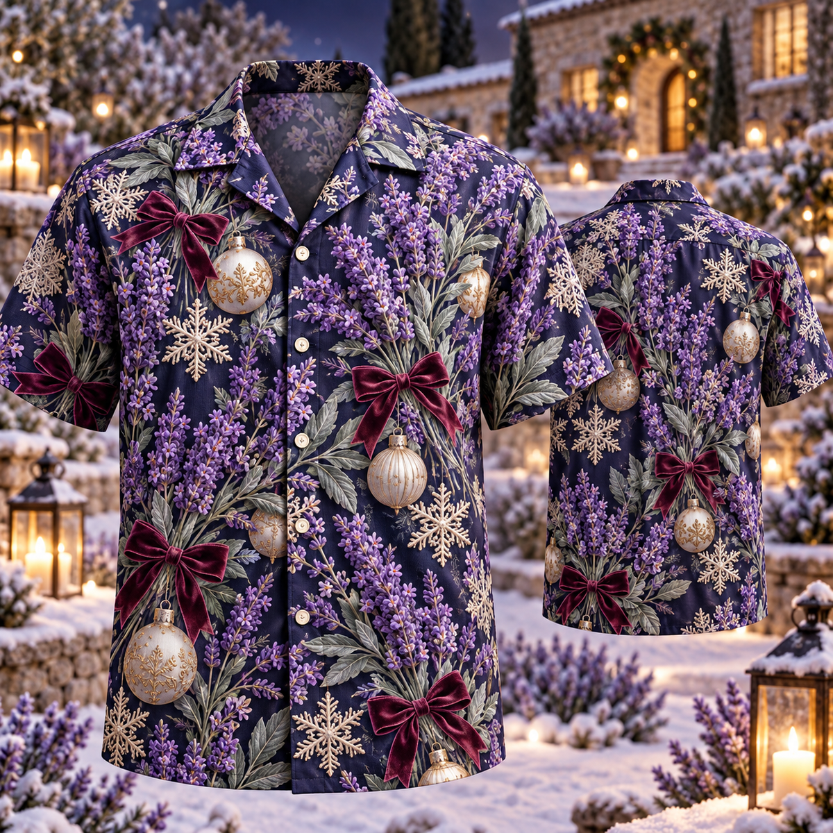 AlohaVero Christmas lavender Hawaiian shirt, front and back views