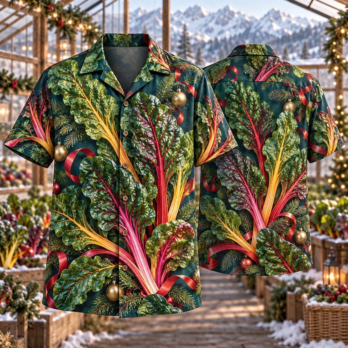 AlohaVero Christmas Swiss chard Hawaiian shirt, front and back views