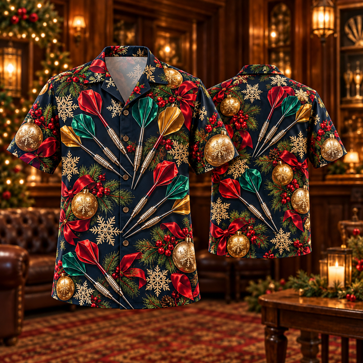 AlohaVero Christmas darts Hawaiian shirt, front and back views