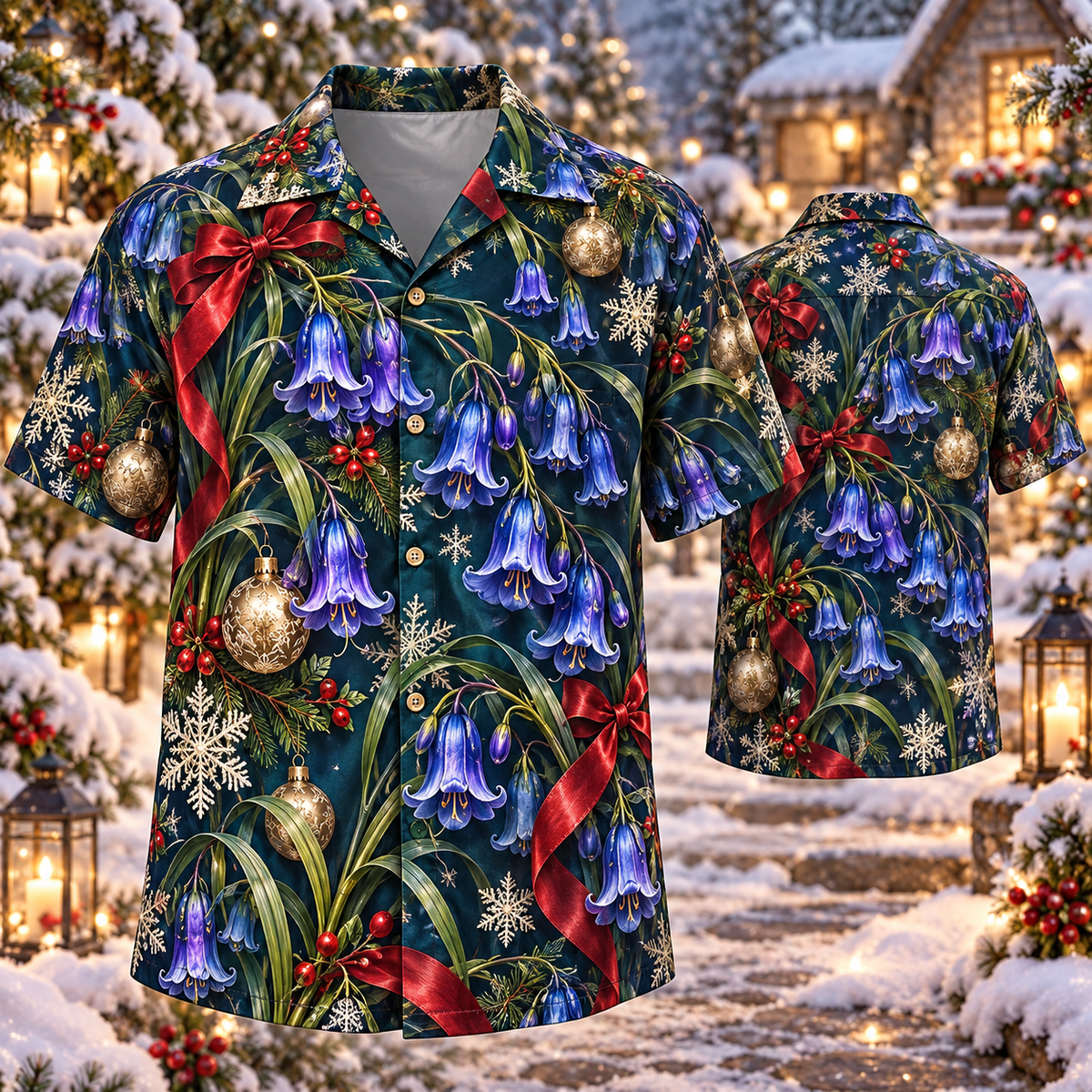 AlohaVero Christmas bluebells Hawaiian shirt, front and back views